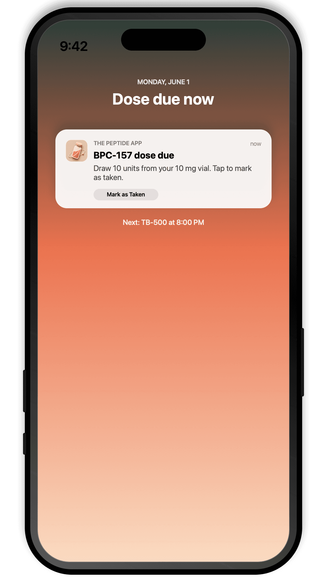 The Peptide App reminder screen showing a scheduled peptide dose notification