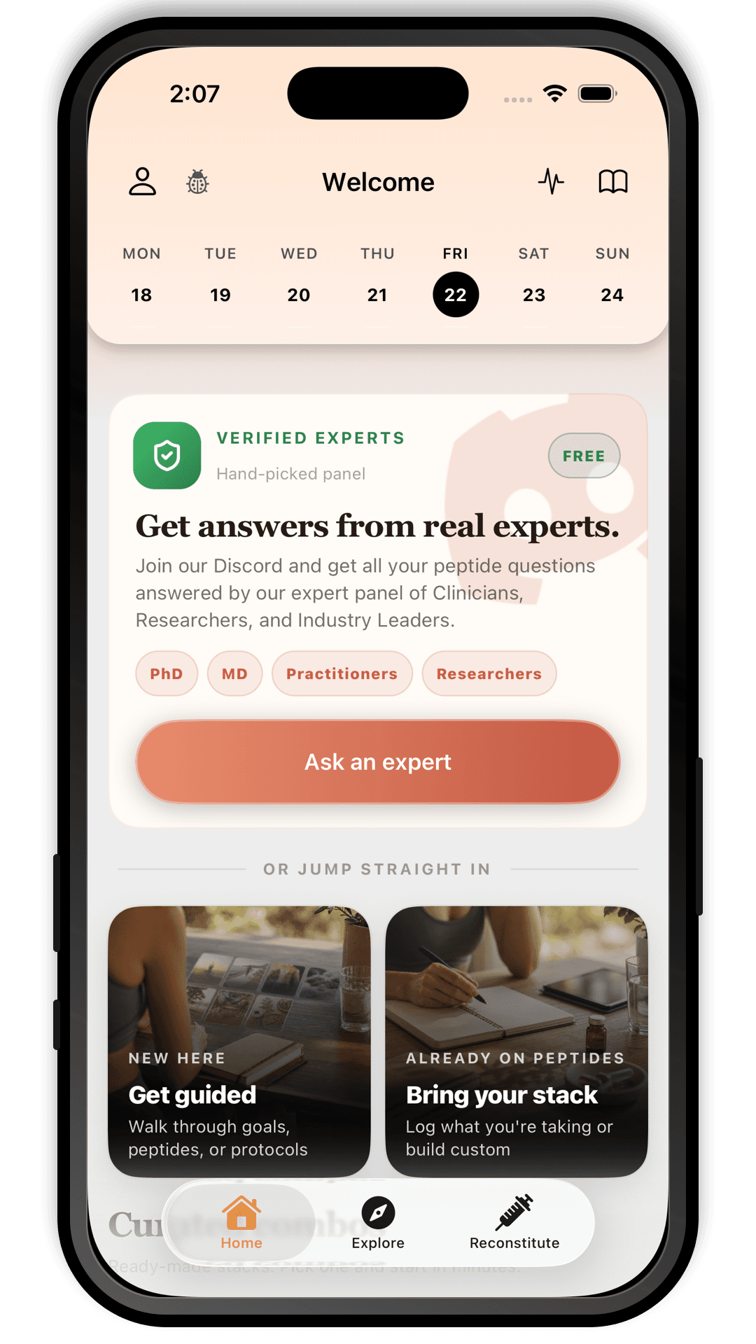 The Peptide App mobile home screen with guided protocol entry points