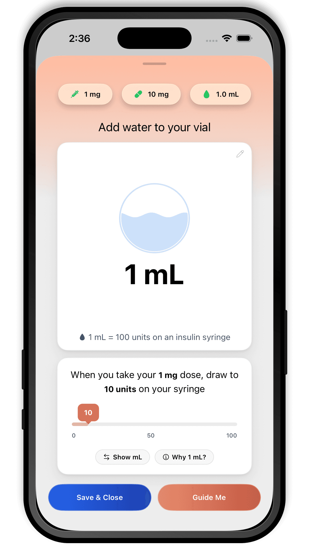 The Peptide App reconstitution entry screen