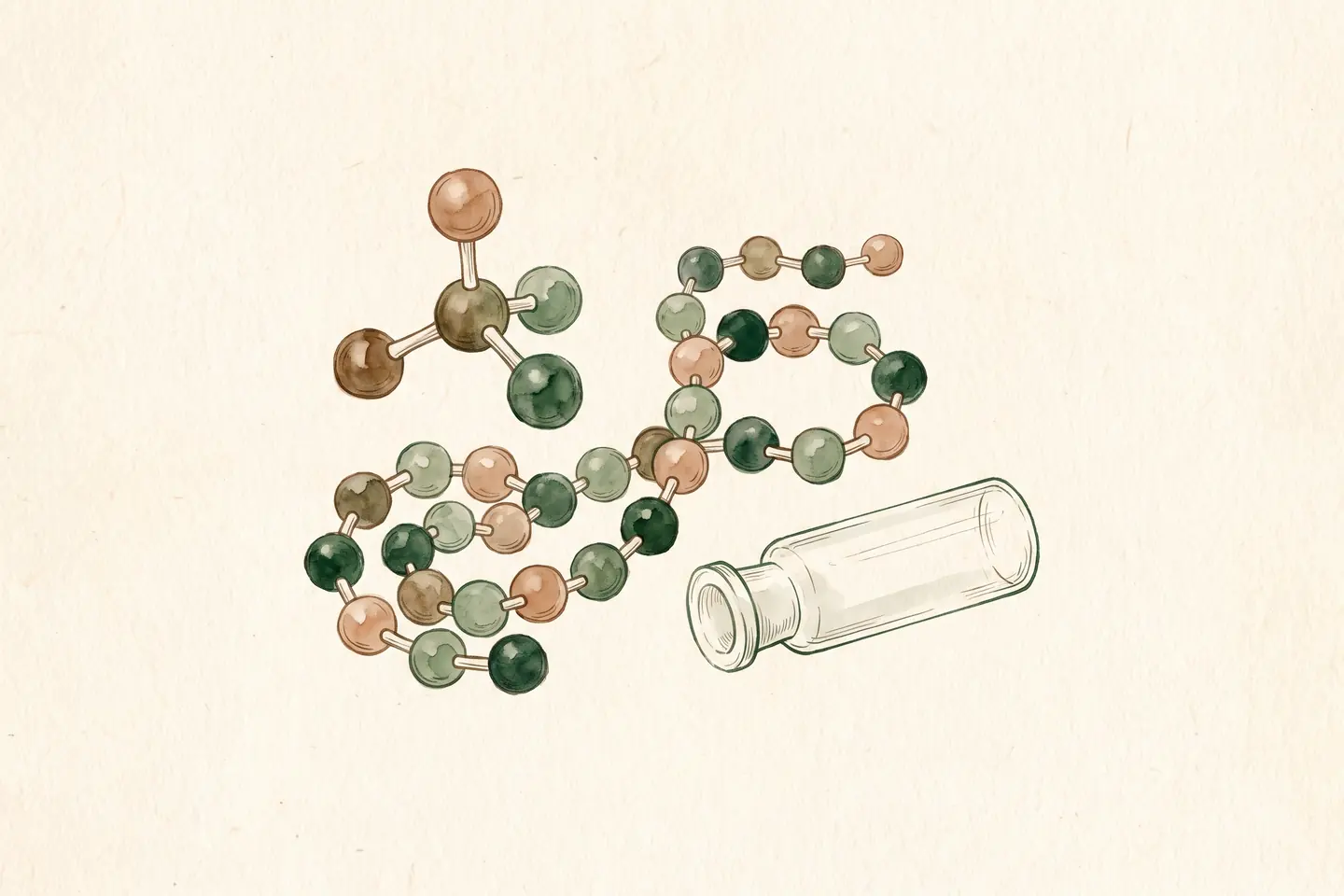 Watercolor illustration of a four-sphere molecule model beside a long coiled chain of spheres and an empty glass vial.