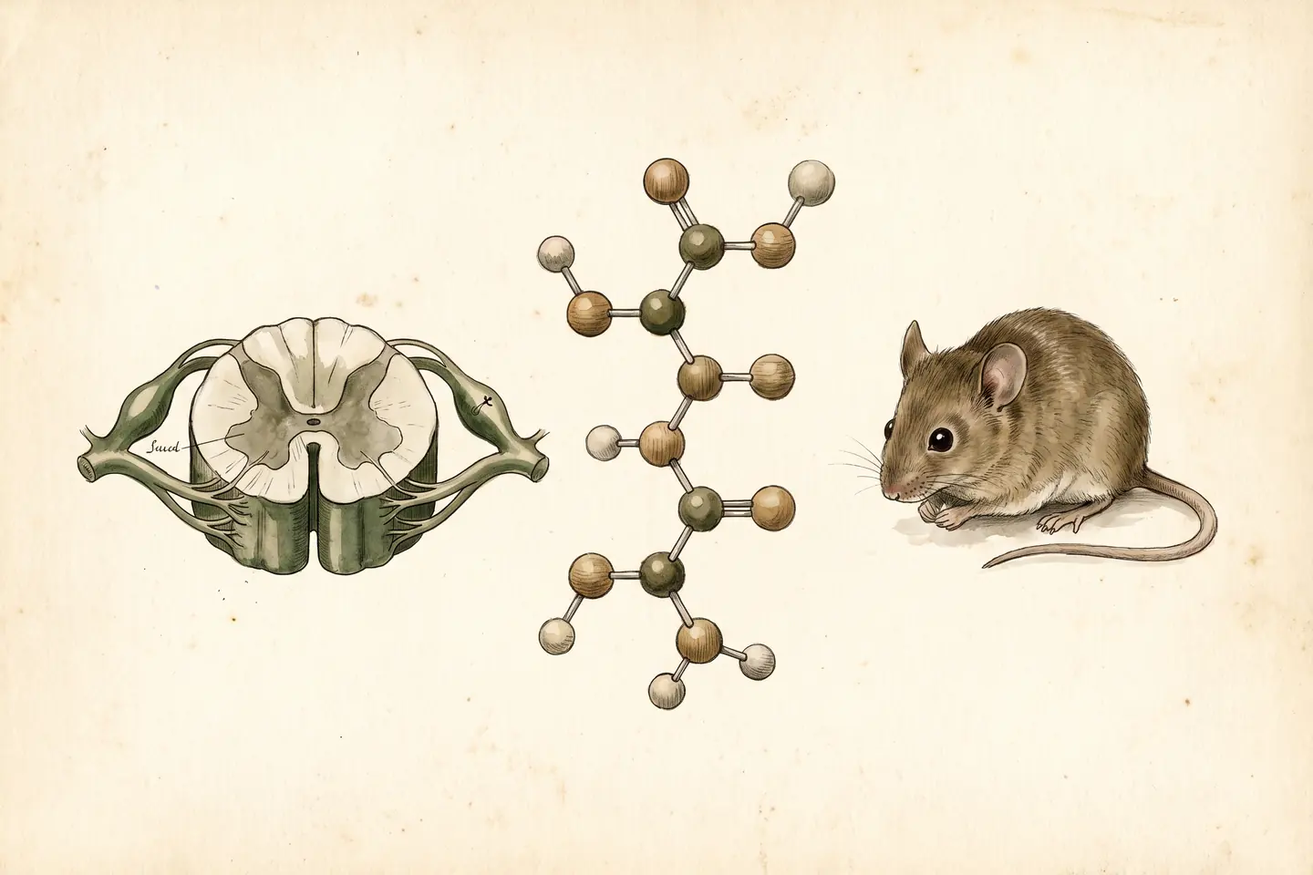 Watercolor illustration of a spinal cord cross-section, a four-unit ball-and-stick peptide model, and a small laboratory mouse.