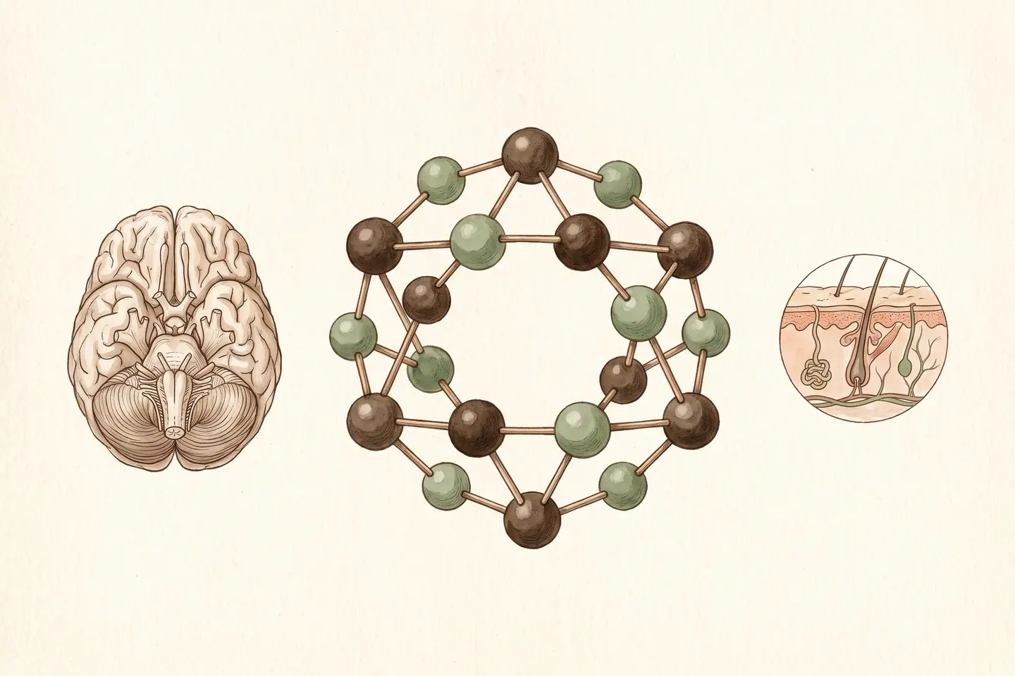 Watercolor illustration of a ring-shaped molecule model of linked spheres between an anatomical study of the brain and a cross-section of skin.