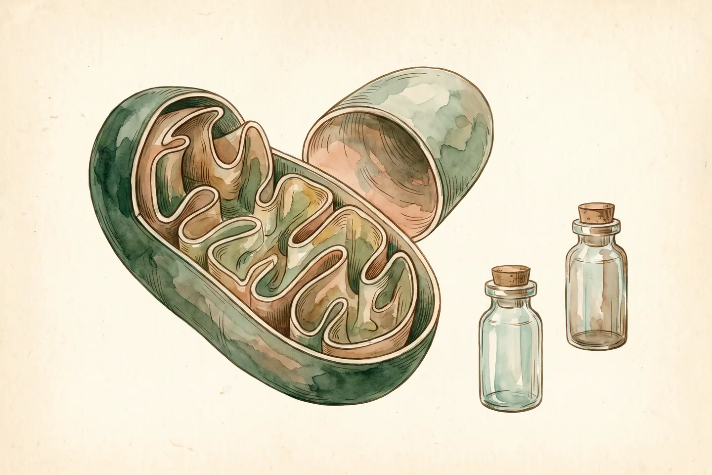 Watercolor illustration of a mitochondrion in cross-section beside two separate stoppered glass vials standing apart.