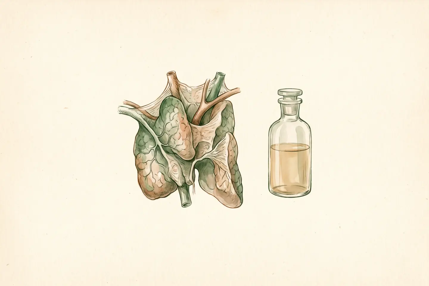 Watercolor illustration of an anatomical drawing of a calf thymus gland beside a stoppered glass flask of pale amber extract.