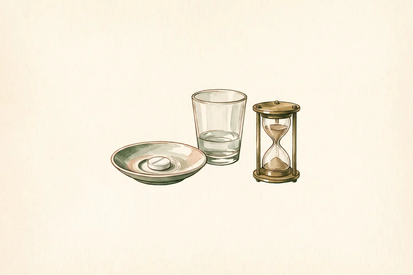 Watercolor illustration of a white tablet on a saucer beside a glass with a little water and a small brass hourglass.