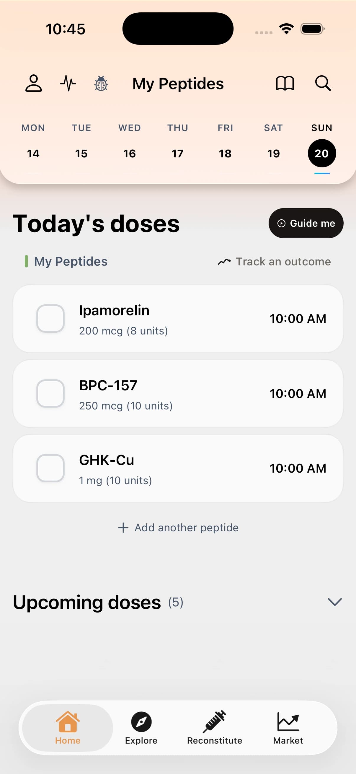 The Peptide App Today view with three demo peptides, scheduled times, dose amounts, and calculated syringe units
