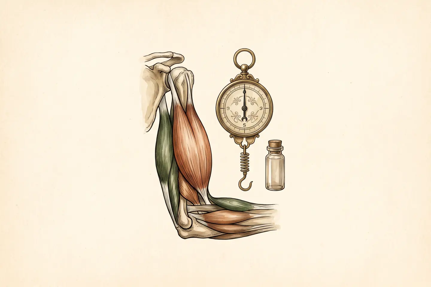Watercolor illustration of an anatomical upper arm with an enlarged biceps beside an antique spring scale at rest and a small glass vial.