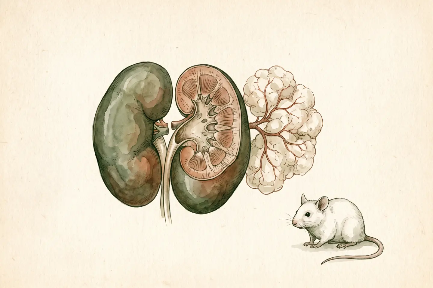 Watercolor illustration of anatomical kidneys beside a lobe of white fat with fine blood vessels and a small laboratory mouse.