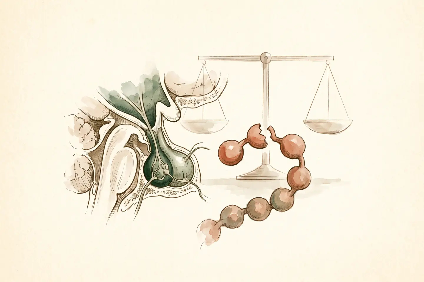Watercolor illustration of an anatomical pituitary gland beside a short sphere chain broken from a longer one, with a level balance scale behind.