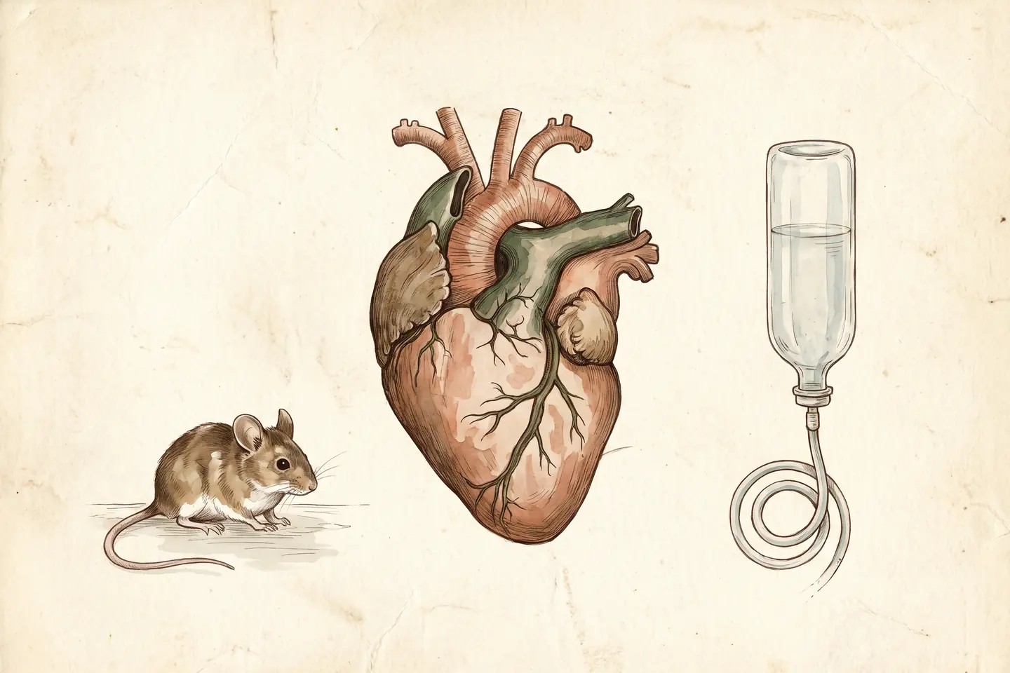 Watercolor illustration of an anatomical human heart with coronary vessels beside a laboratory mouse and a glass infusion flask with coiled tubing.