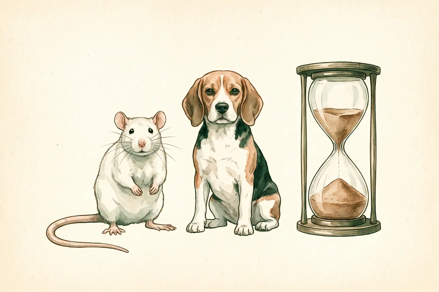 Watercolor illustration of a white laboratory rat and a beagle sitting beside a glass hourglass with its sand nearly run out.