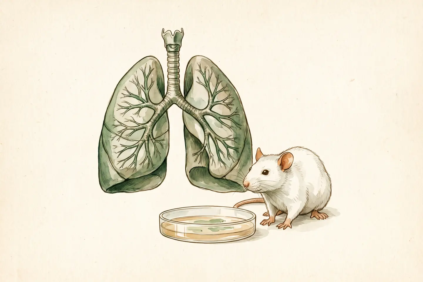 Watercolor illustration of an anatomical study of the lungs and bronchial tree, a white laboratory rat, and a shallow glass culture dish.