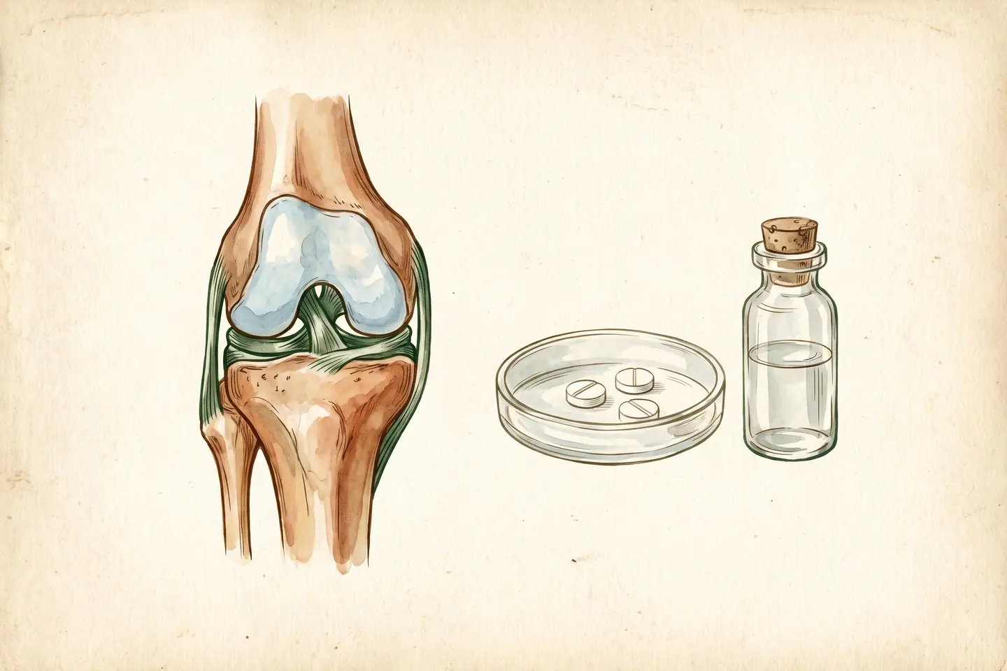 Watercolor illustration of an anatomical knee joint with pale blue cartilage, a glass dish of plain white tablets, and a small stoppered vial.