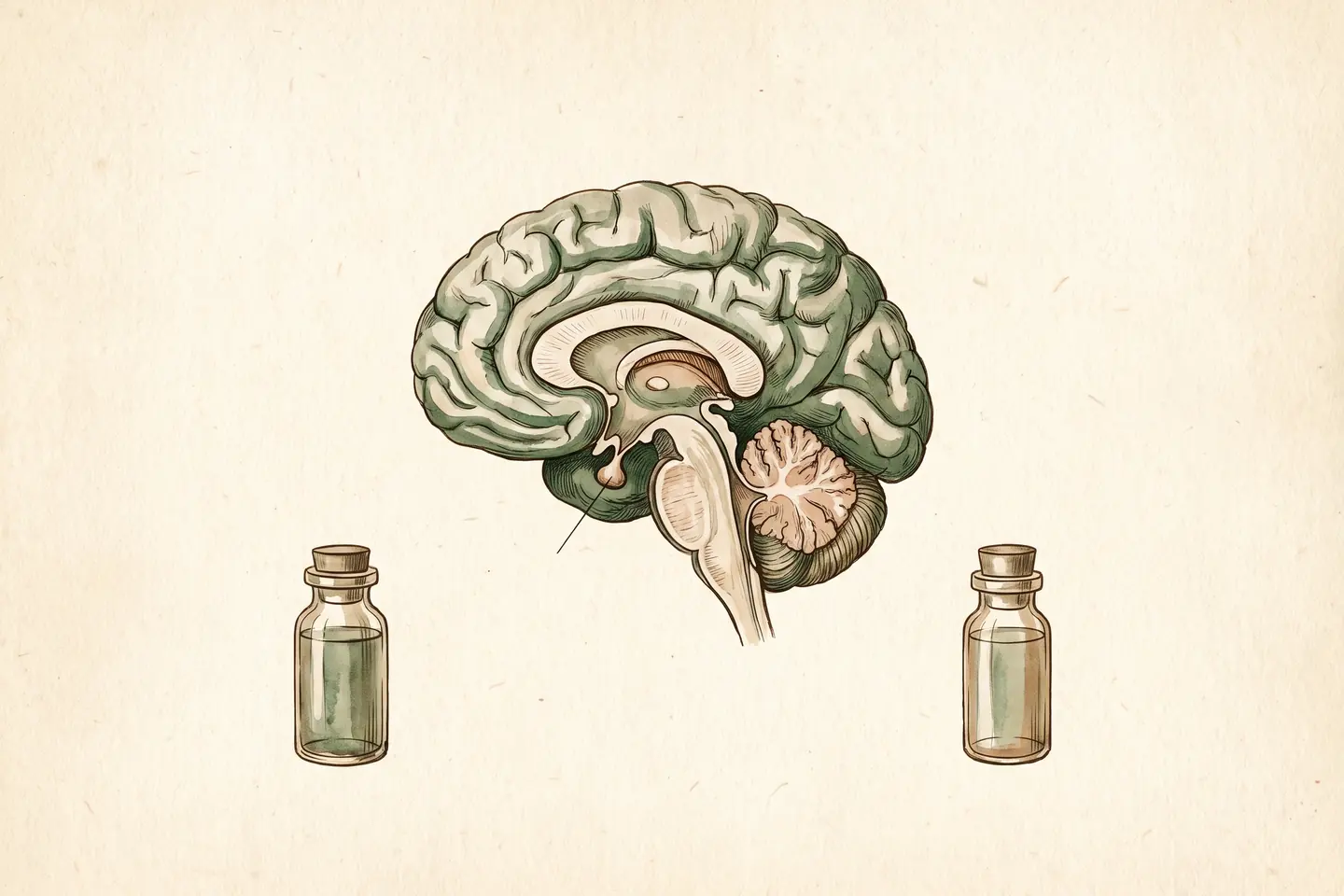 Watercolor illustration of an anatomical drawing of the pituitary gland with two small stoppered glass vials standing in front of it.