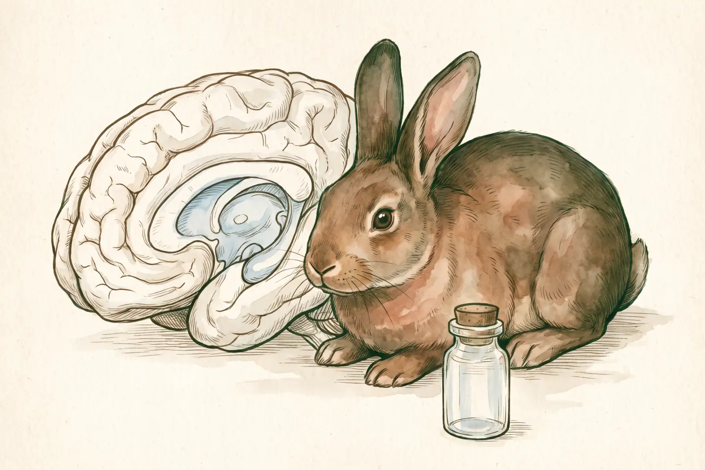 Watercolor illustration of a brown rabbit beside an anatomical brain drawing with blue-shaded ventricles and a small stoppered glass vial.