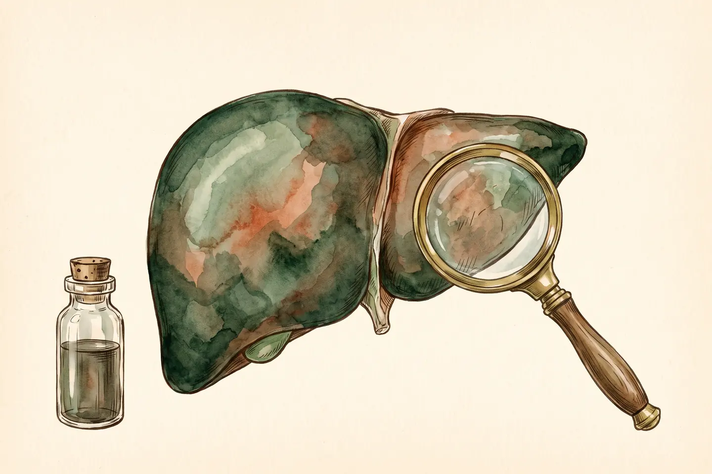 Watercolor illustration of an anatomical human liver with a magnifying glass over one lobe and a small stoppered glass vial beside it.