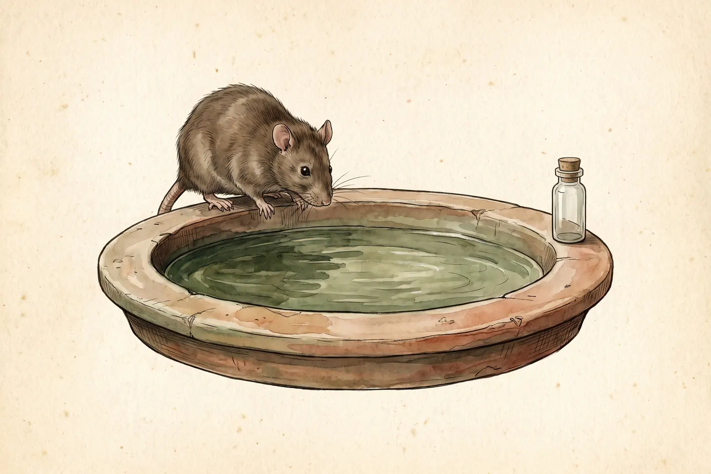 Watercolor illustration of a brown laboratory rat at the edge of a round water maze basin, with a small glass vial on the rim.