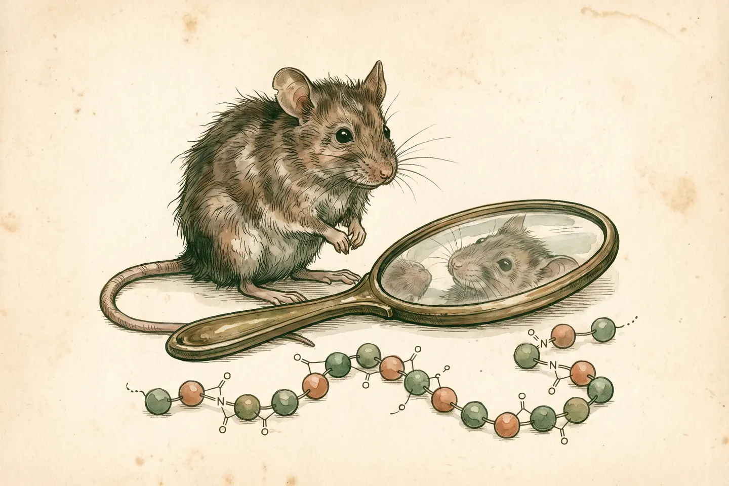 Watercolor illustration of an aged laboratory mouse beside a small hand mirror reflecting it, with a chain of linked spheres in front.