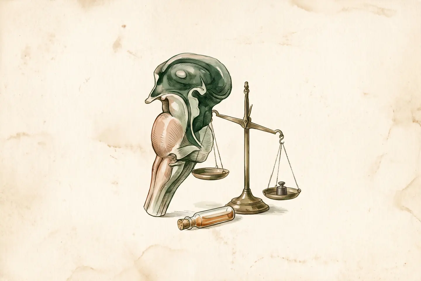 Watercolor illustration of an anatomical human brainstem beside a small tipped brass balance scale and a stoppered glass ampoule.