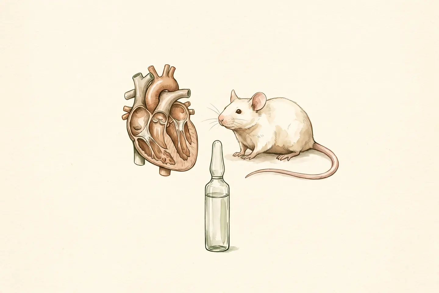Watercolor illustration of an anatomical rodent heart beside a white laboratory mouse and a small glass ampoule.