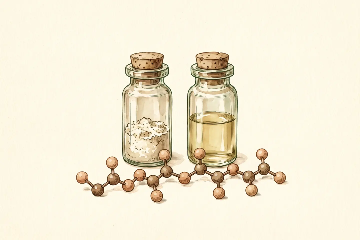 Watercolor illustration of two glass vials, one with white powder and one with clear liquid, behind a ball-and-stick peptide chain model.