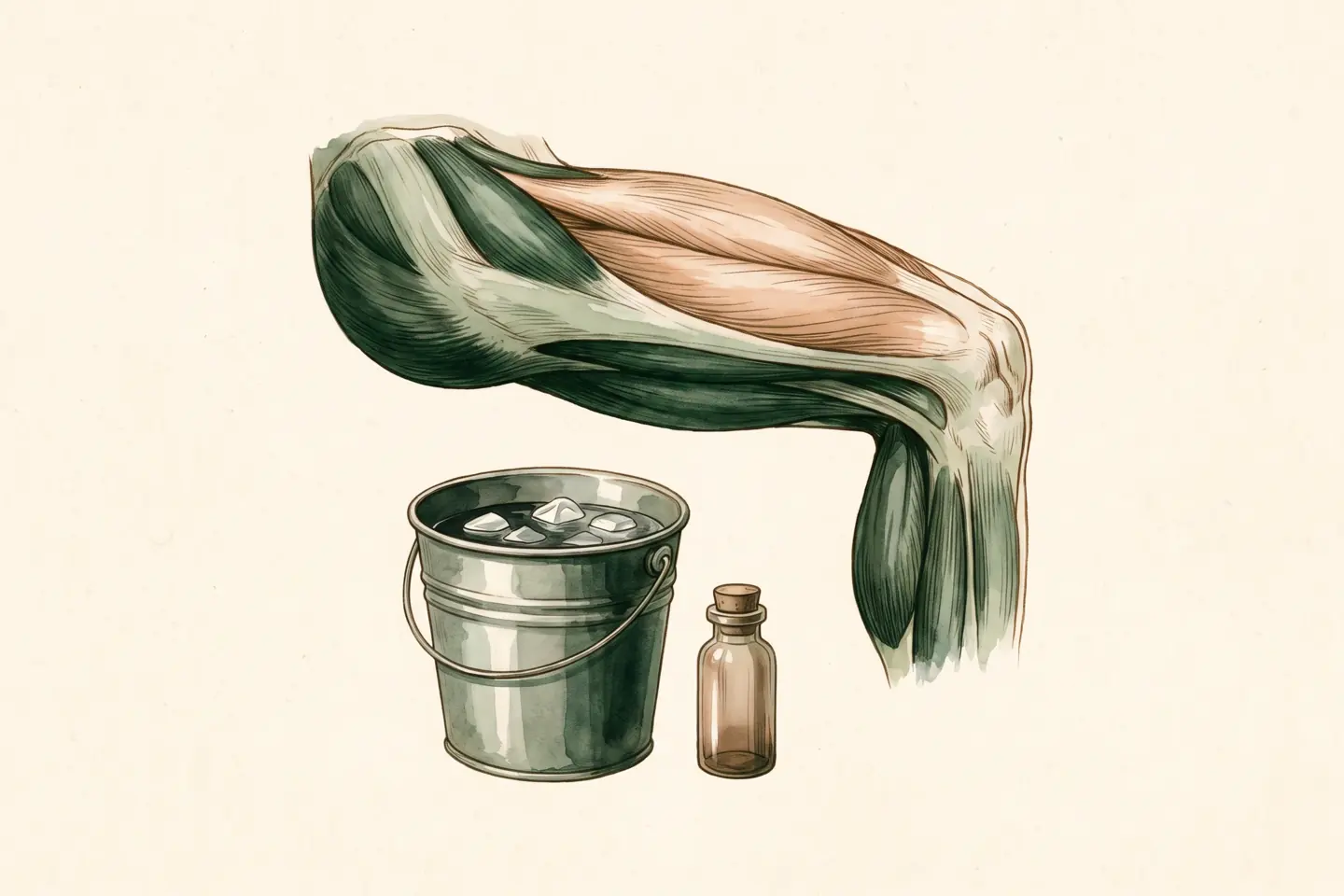 Watercolor illustration of an anatomical drawing of the quadriceps muscle beside a small tin bucket of iced water and a glass vial.