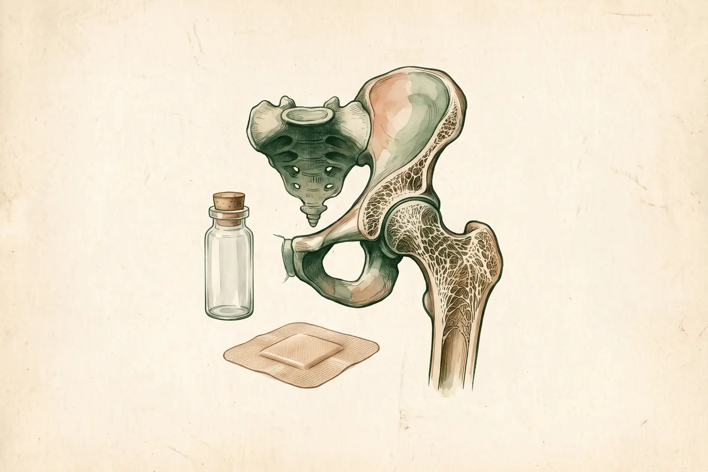 Watercolor illustration of an anatomical hip and femur cross-section beside a small glass vial and a flat square adhesive patch.