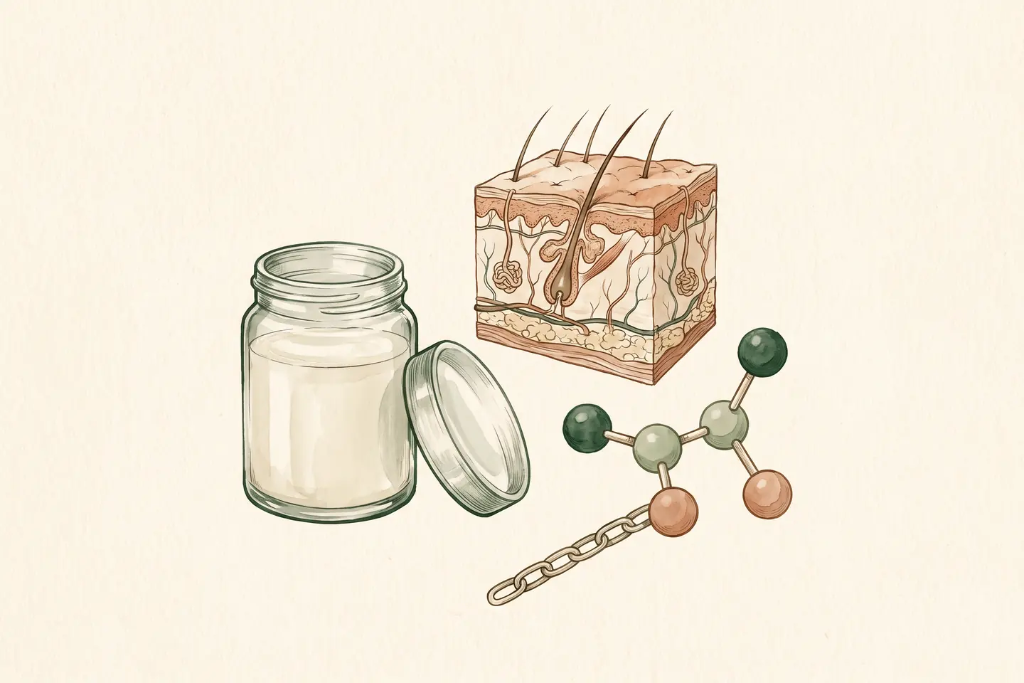 Watercolor illustration of an apothecary jar of cream, a five-sphere molecule model with a tail, and an anatomical cross-section of skin layers.