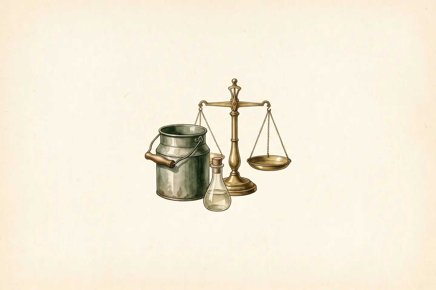 Watercolor illustration of a milk pail with a wooden dipper, a small glass flask, and a brass balance scale with uneven pans.
