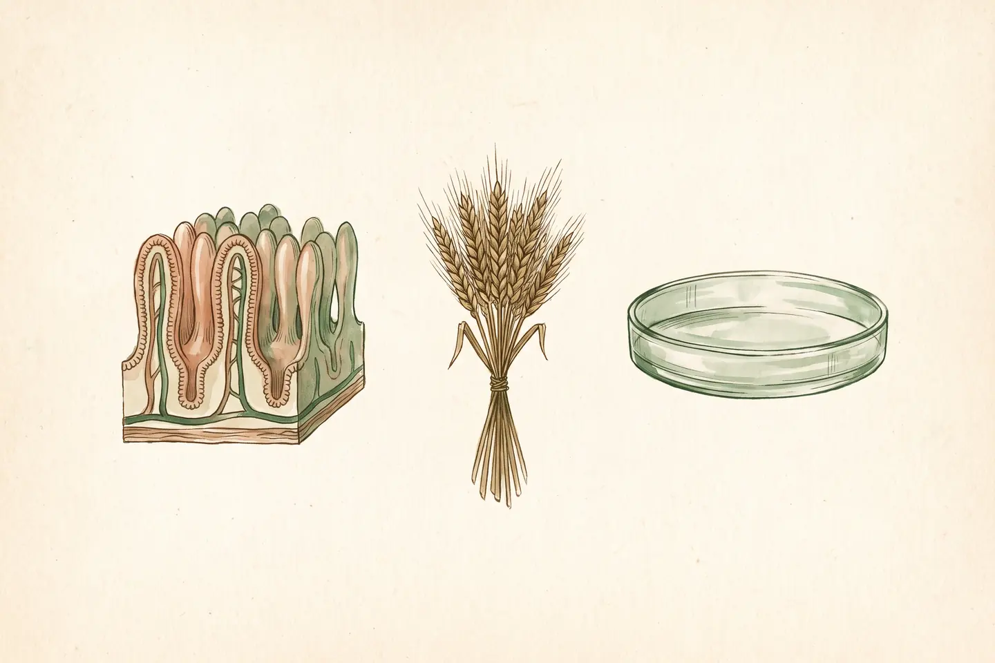 Watercolor illustration of an intestinal lining cross-section with finger-like villi, beside a small sheaf of wheat and a shallow glass dish.