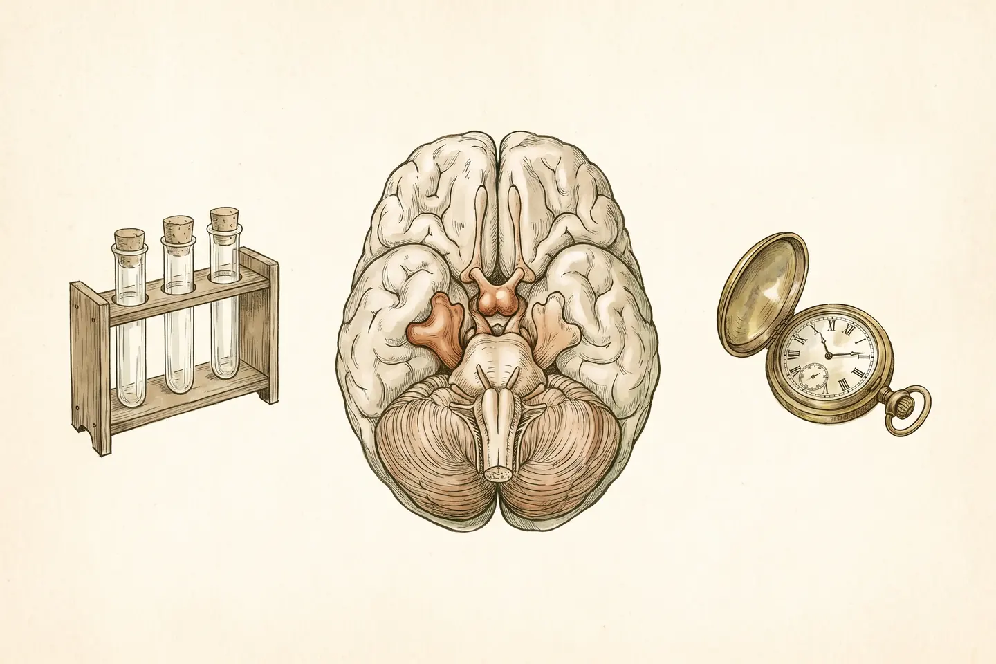 Watercolor illustration of an anatomical pituitary gland study beside a wooden rack of empty glass test tubes and an open brass pocket watch.