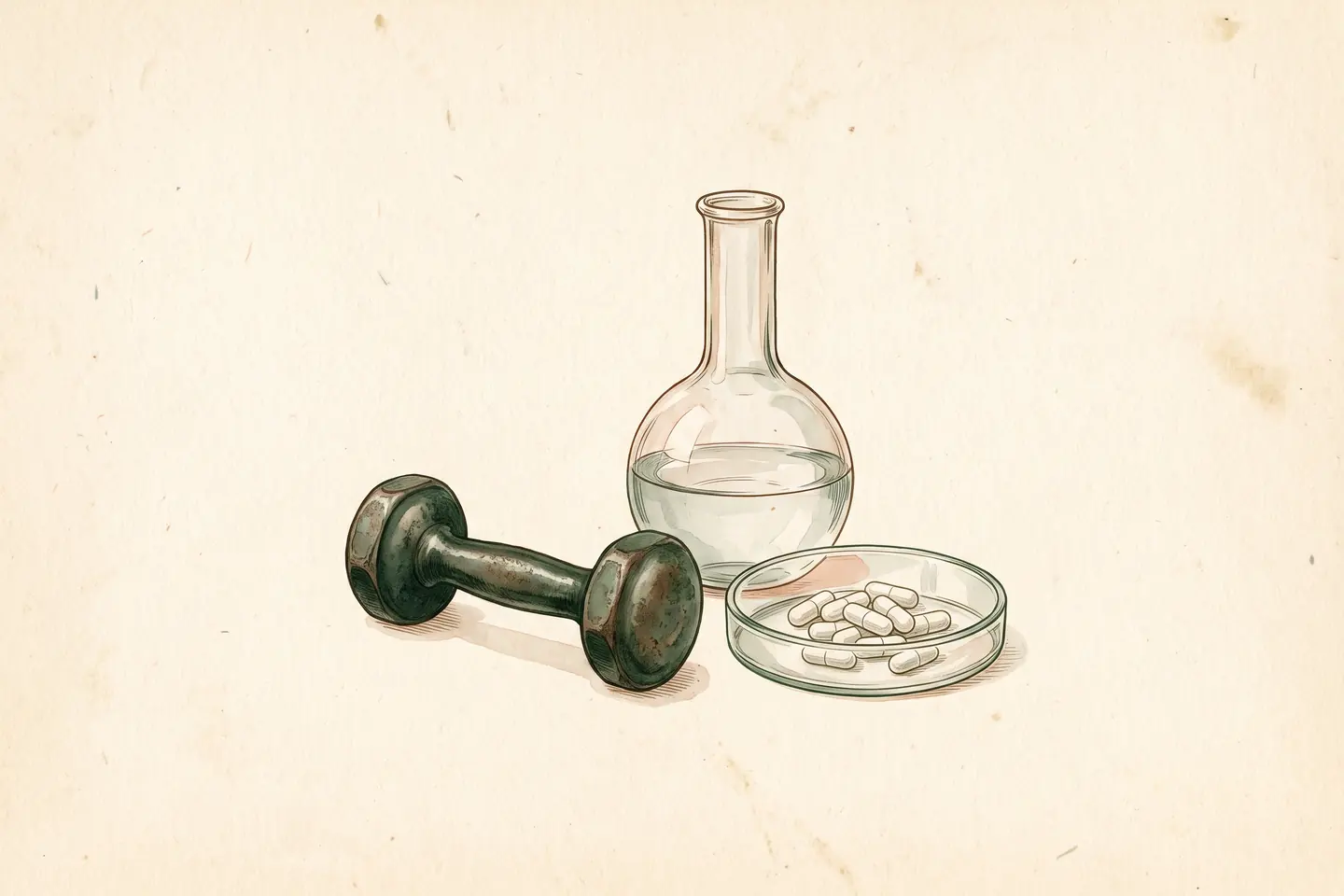Watercolor illustration of a small cast-iron dumbbell beside a shallow glass dish of plain white capsules and a laboratory flask.