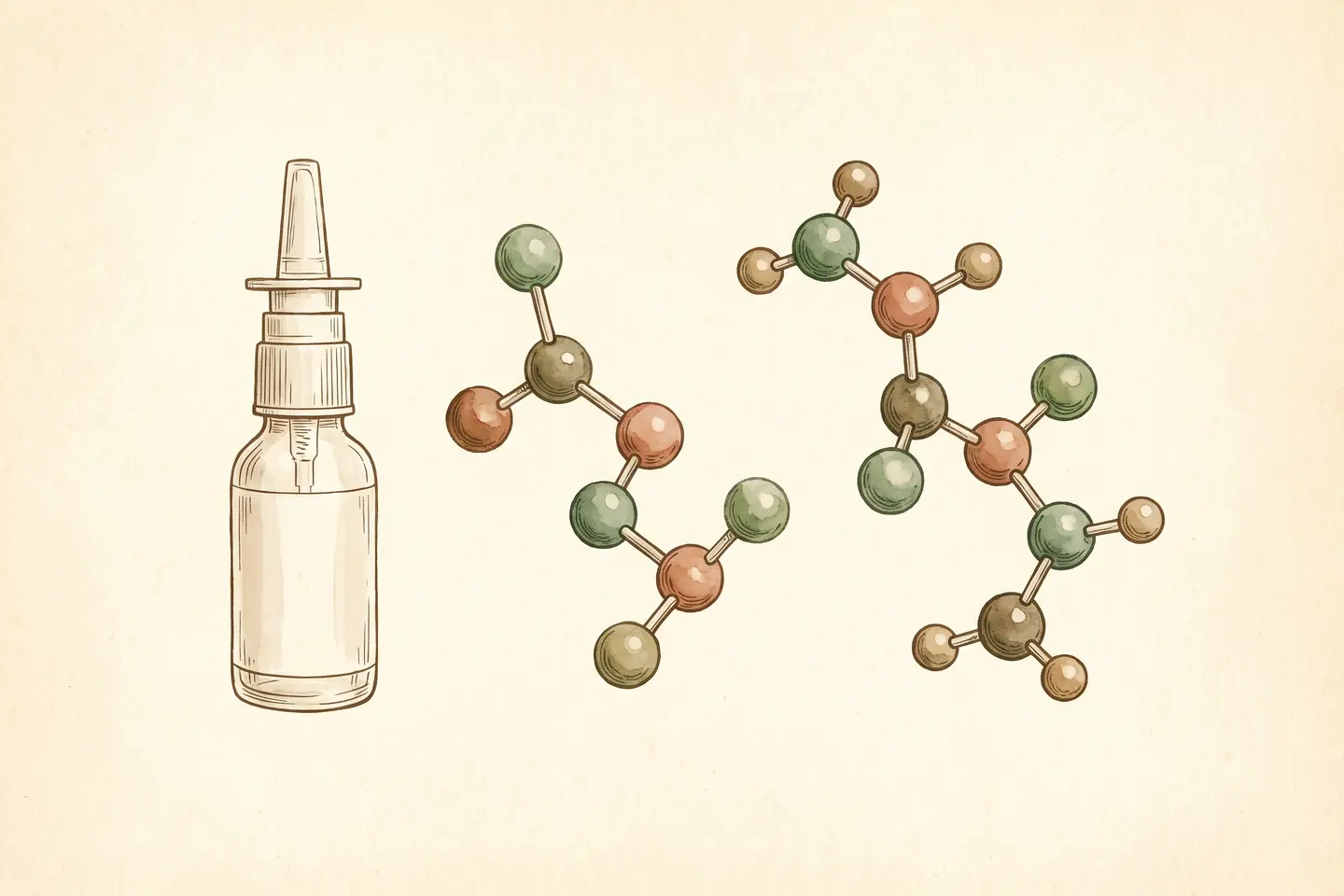 Watercolor illustration of a plain glass nasal spray bottle beside two similar molecule models of linked spheres, one with extra spheres at each end.