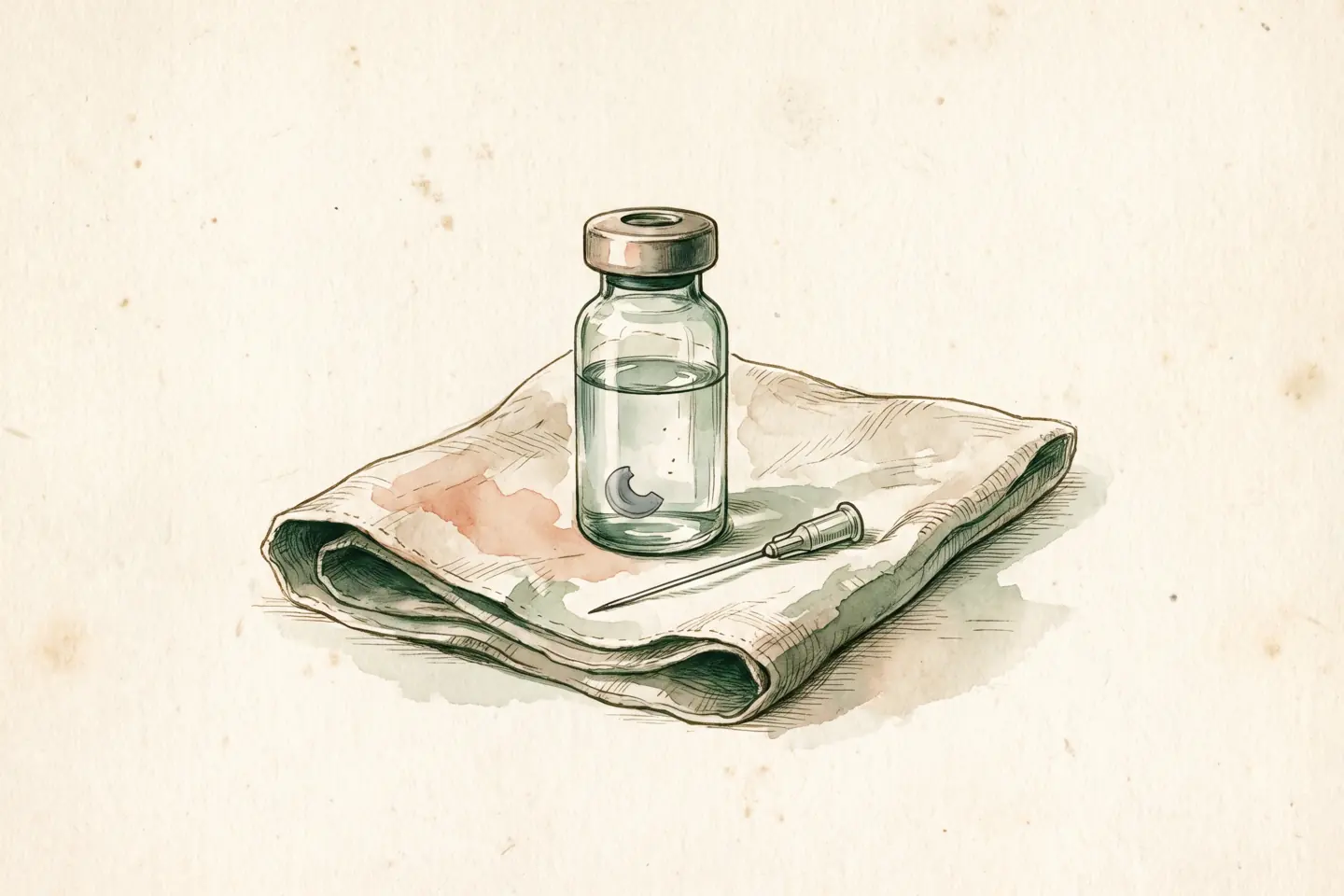 Watercolor illustration of a stoppered glass vial with a tiny rubber fragment floating in clear liquid, beside a loose needle on a linen cloth.