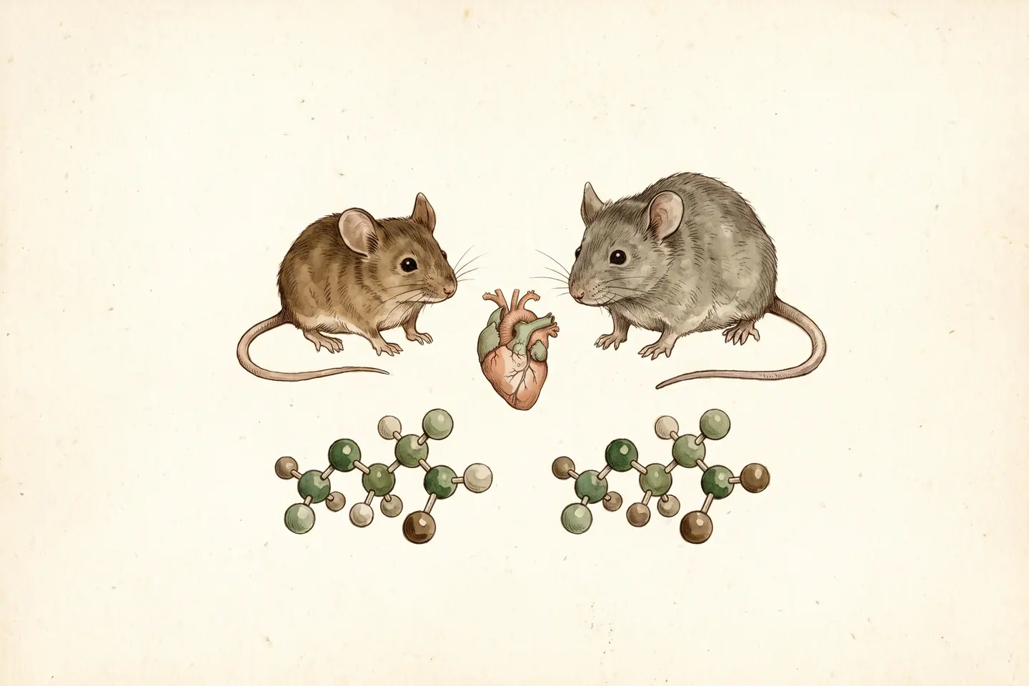 Watercolor illustration of a young and an old laboratory mouse flanking an anatomical heart study, with two nearly identical sphere molecule models below.
