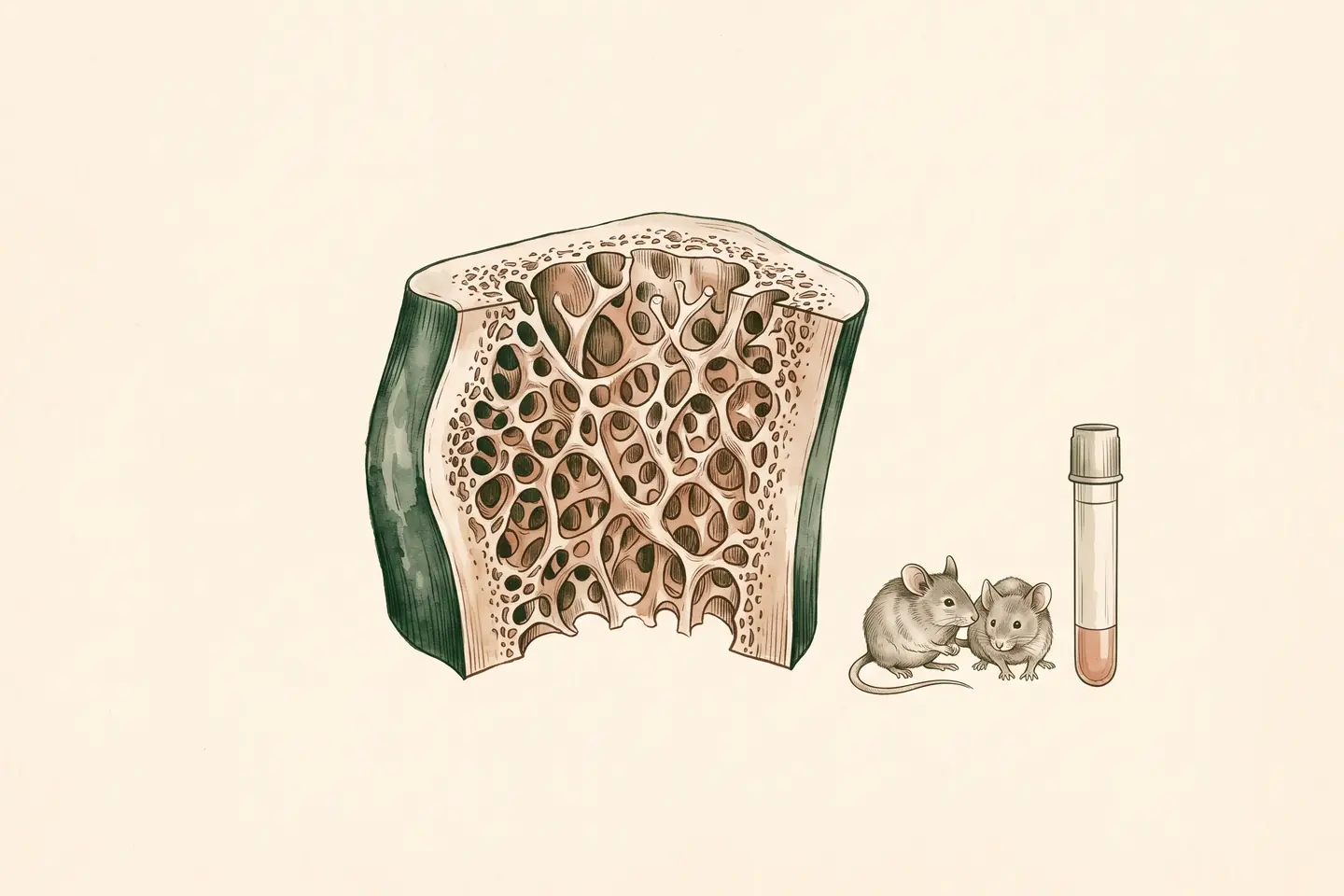 Watercolor illustration of a trabecular bone cross-section beside two laboratory mice and an upright glass blood collection tube.