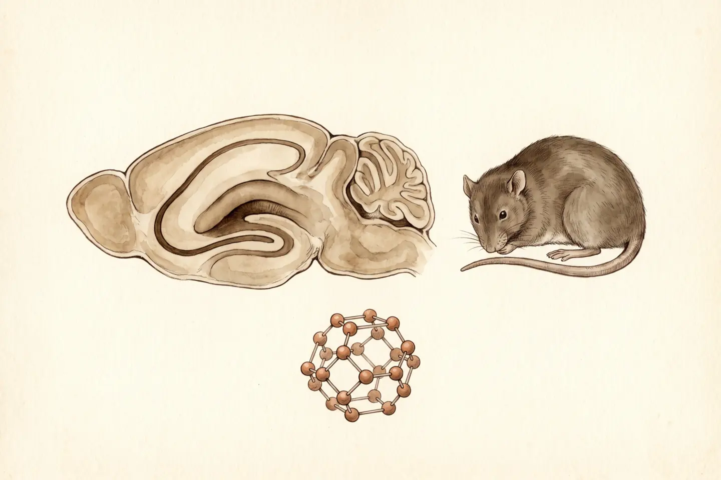 Watercolor illustration of a rodent hippocampus cross-section beside an aged laboratory rat and a cage-shaped molecule model of linked spheres.