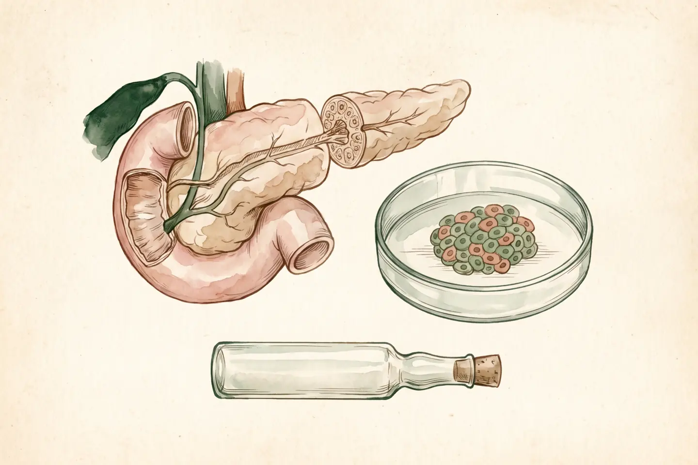Watercolor illustration of an anatomical human pancreas beside a round culture dish of cells and a slim glass ampoule.
