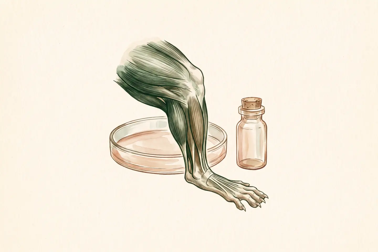 Watercolor illustration of an anatomical rat hind leg with the shin muscle exposed, beside a glass culture dish and a small vial.