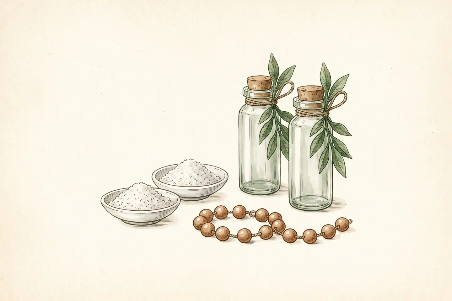 Watercolor illustration of two identical glass vials beside two porcelain dishes of white crystals, with a chain of linked spheres in front.