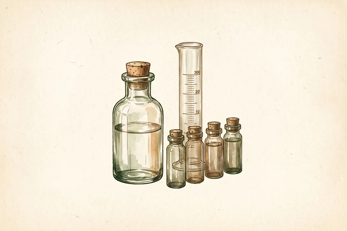 Watercolor illustration of one stoppered glass vial beside four smaller separate vials in a row, with a graduated glass cylinder behind.