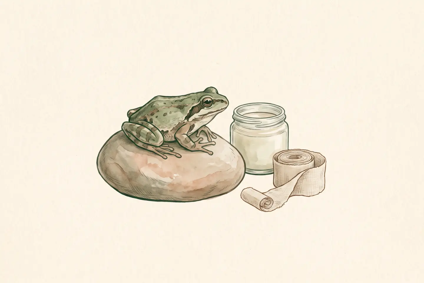Watercolor illustration of a tree frog on a river stone beside a small open jar of cream and a rolled linen bandage.