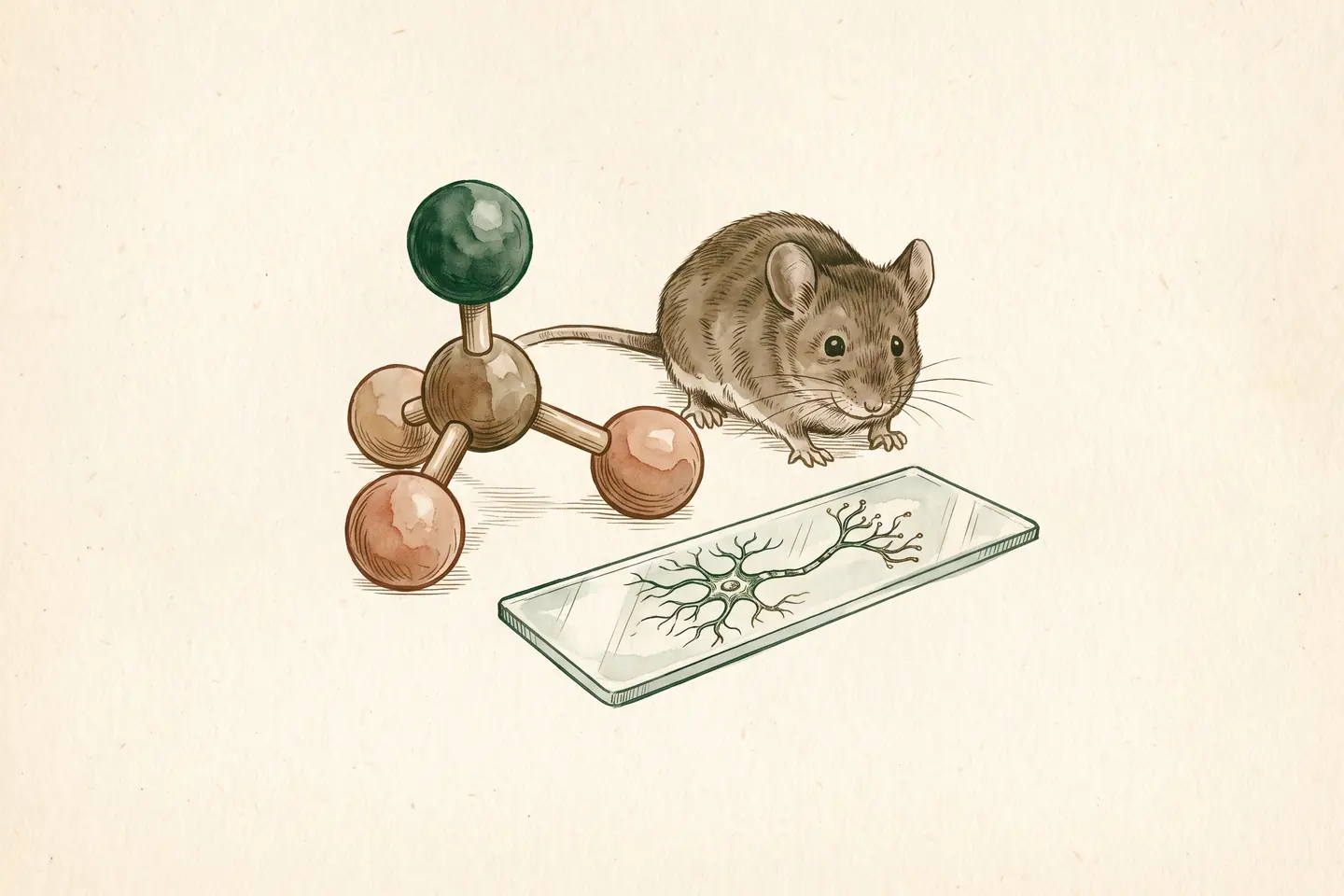 Watercolor illustration of a three-sphere molecule model beside a glass slide with a branching nerve cell, with a laboratory mouse behind.