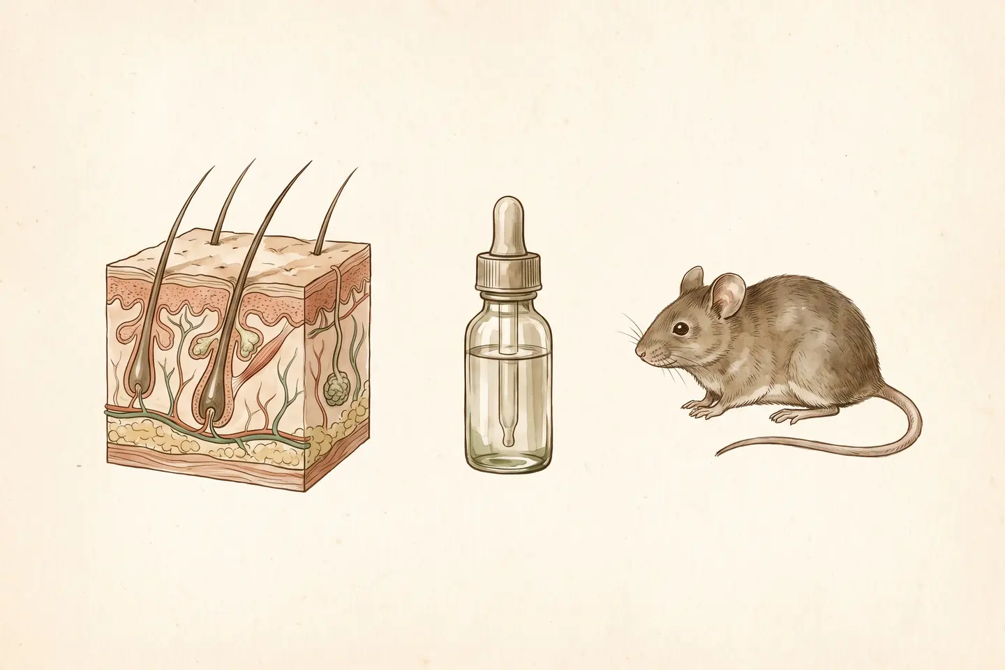 Watercolor illustration of an anatomical skin cross-section with three hair follicles, beside a small dropper bottle and a laboratory mouse.