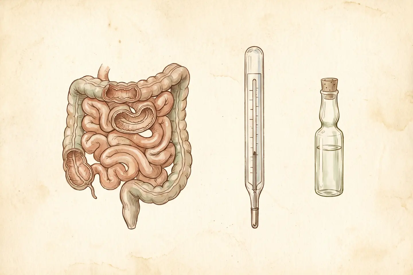 Watercolor illustration of an anatomical small intestine in cross-section beside a thermometer and a small glass ampoule of clear liquid.