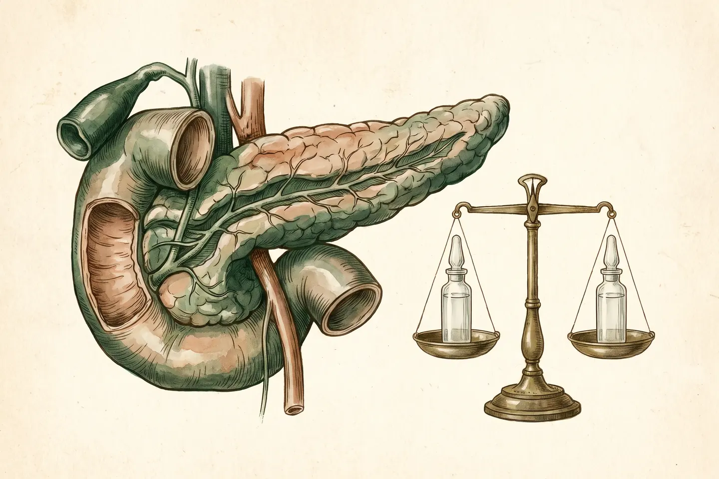 Watercolor illustration of an anatomical pancreas and duodenum beside a brass balance scale holding two identical glass ampoules in level pans.