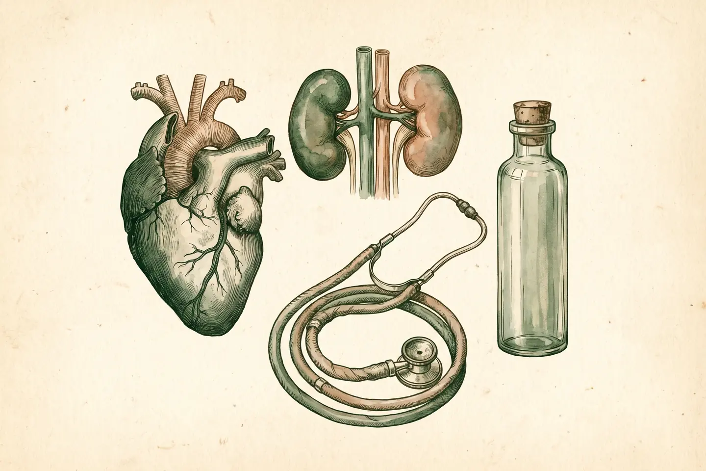 Watercolor illustration of an anatomical human heart and pair of kidneys beside a coiled stethoscope and a tall glass infusion bottle.