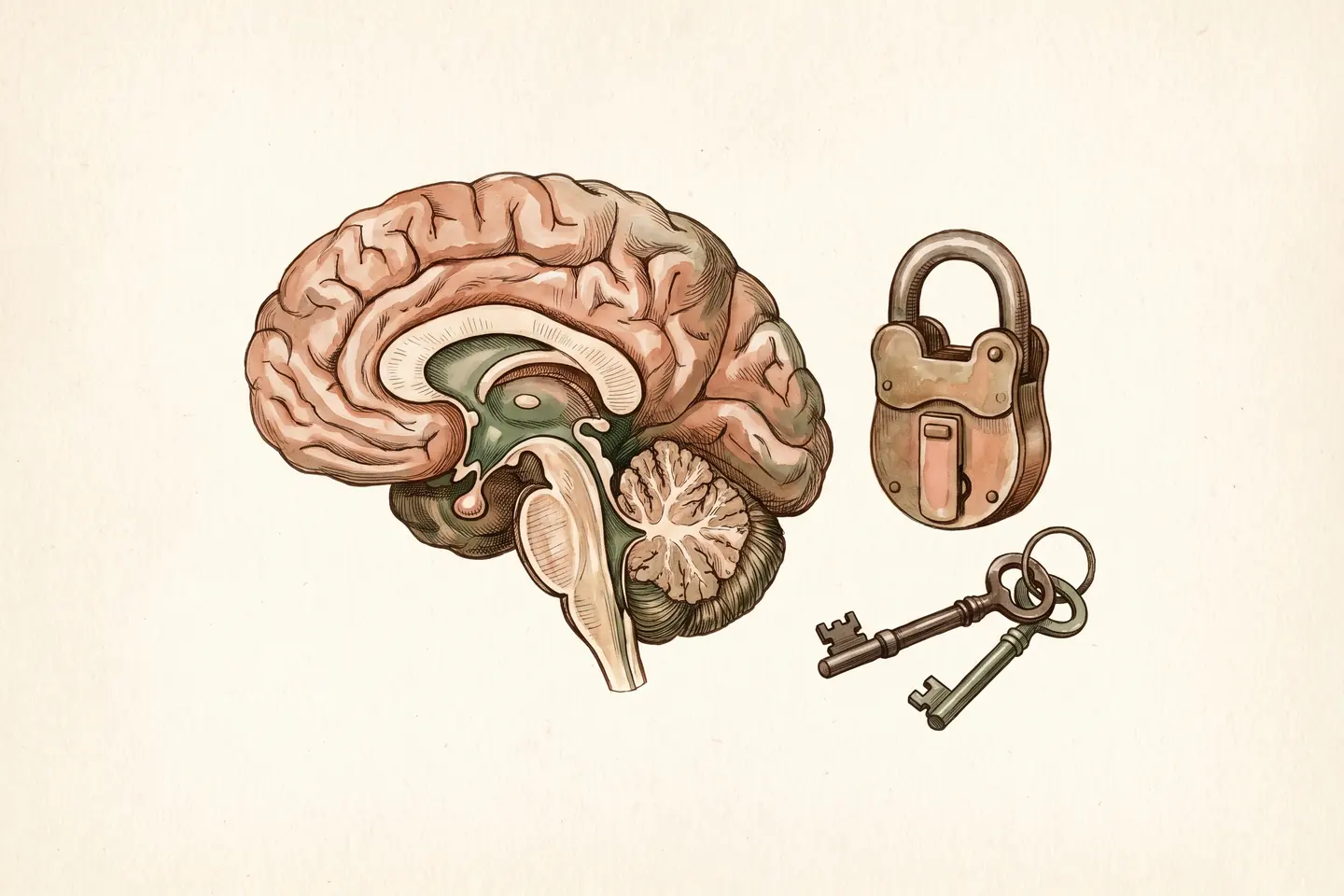 Watercolor illustration of an anatomical pituitary gland beneath the brain beside an antique brass padlock and two differently shaped keys.