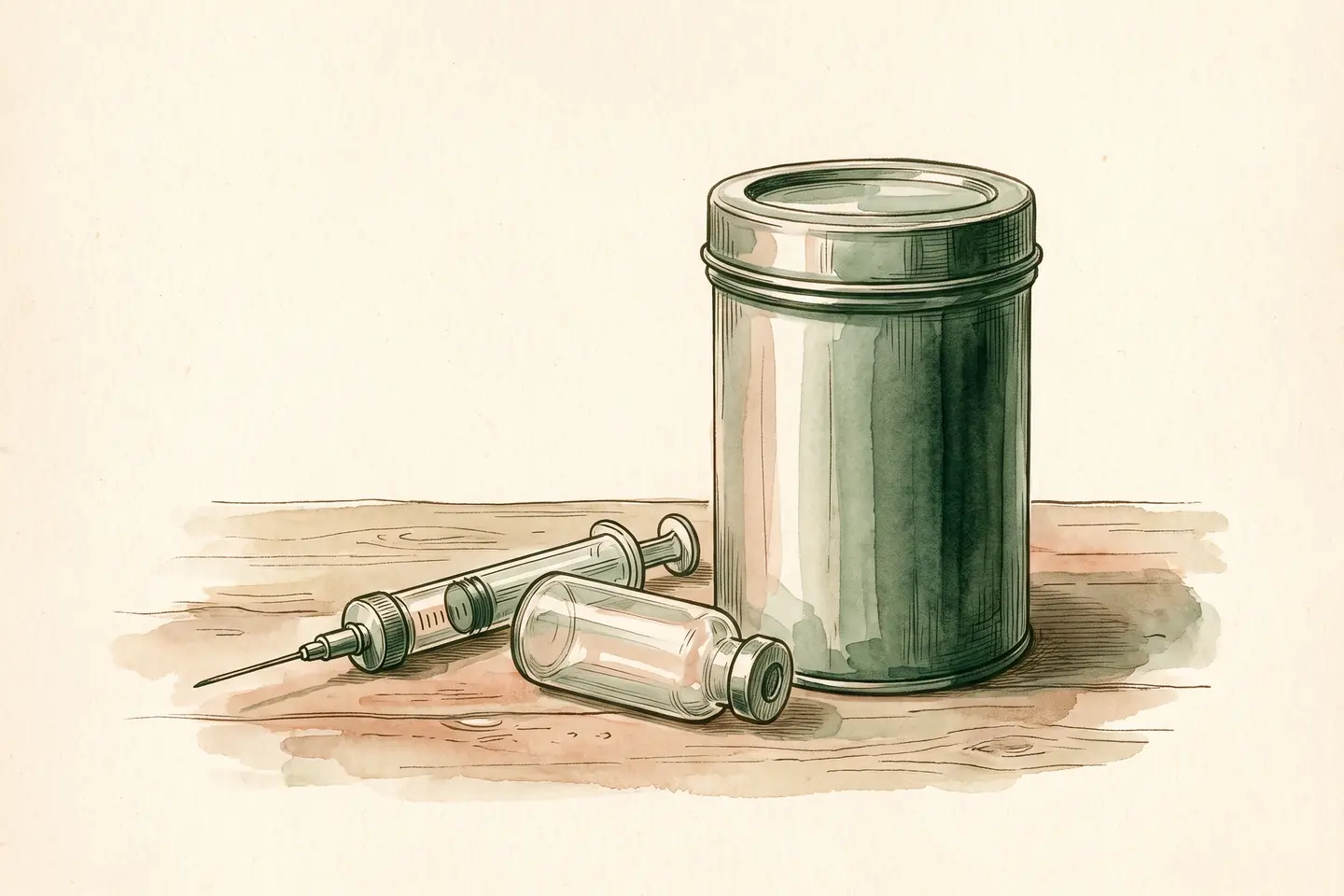 Watercolor illustration of a rigid lidded canister on a wooden workbench, beside a capped syringe and an empty glass vial.