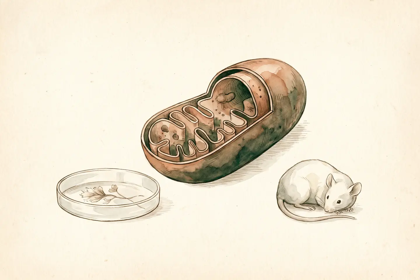 Watercolor illustration of a cutaway mitochondrion with folded inner membranes beside a glass petri dish and a small white laboratory mouse.